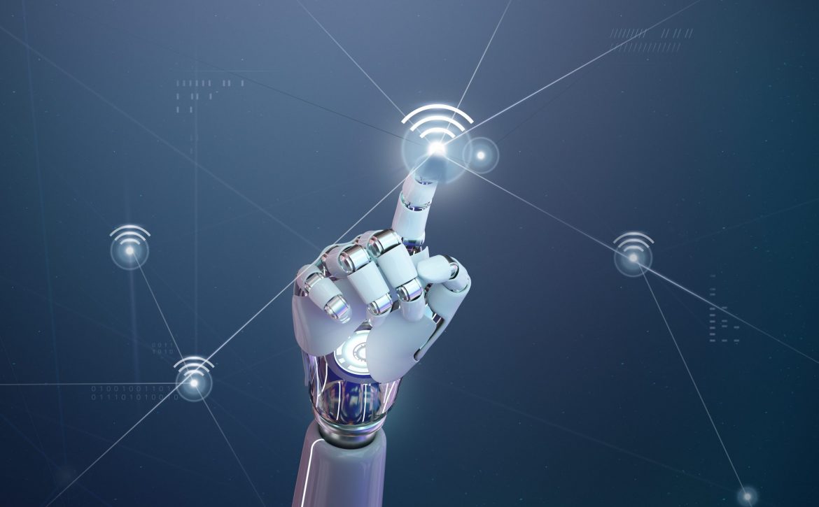 Futuristic 5g wireless network, AI robot hand tap on wifi icon